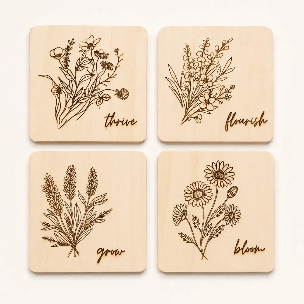 Set of four engraved square wildflower coasters with Bloom Flourish Grow and Thrive designs