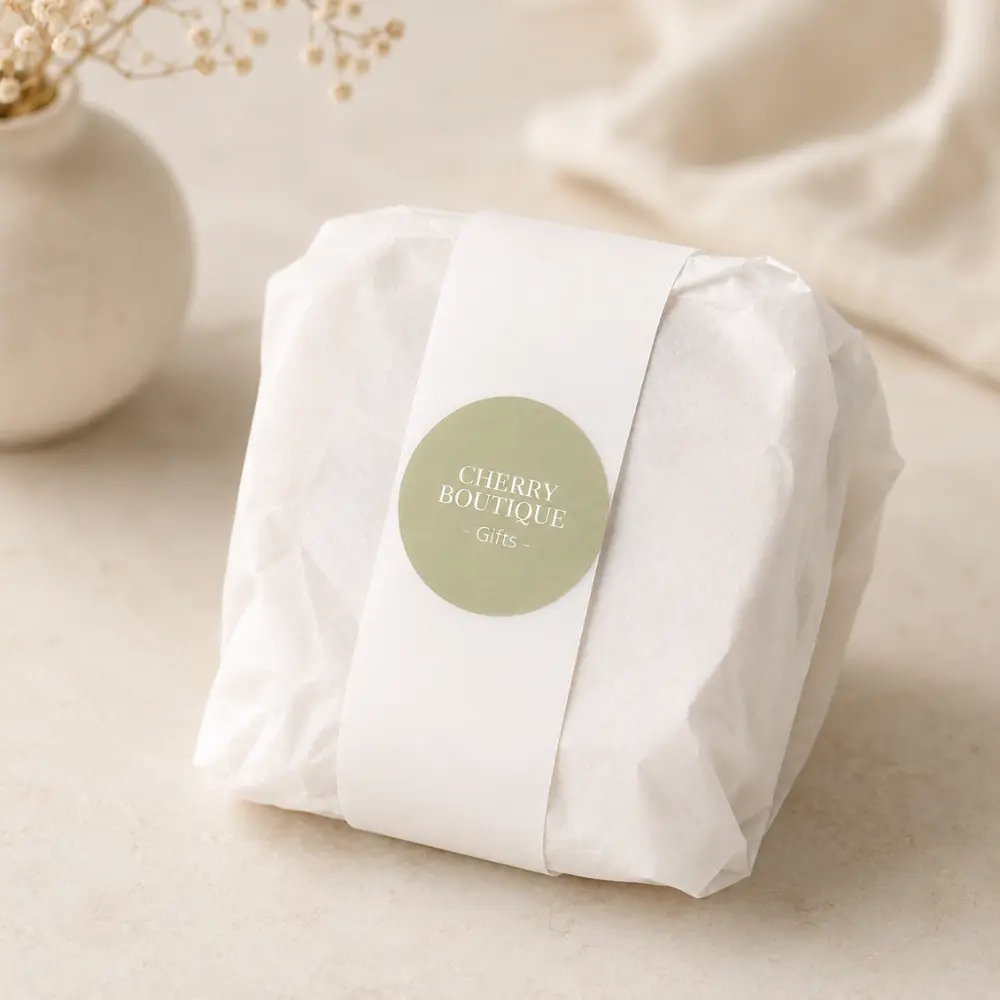Tea Time Treats wooden coaster set wrapped in tissue paper with Cherry Boutique Gifts label