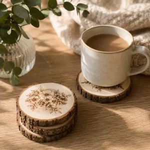 Wildflower engraved log coasters with mug of tea on rustic wooden table