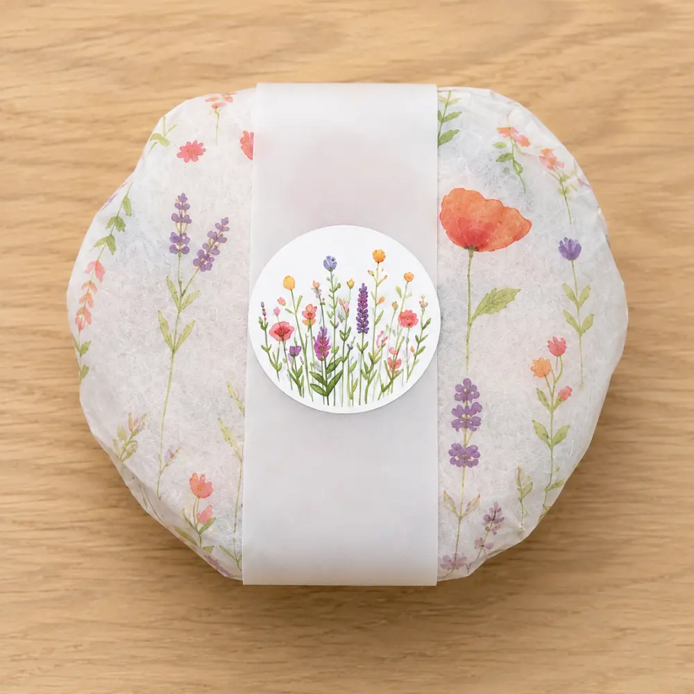 Wildflower engraved log coaster set gift wrapped in floral tissue paper