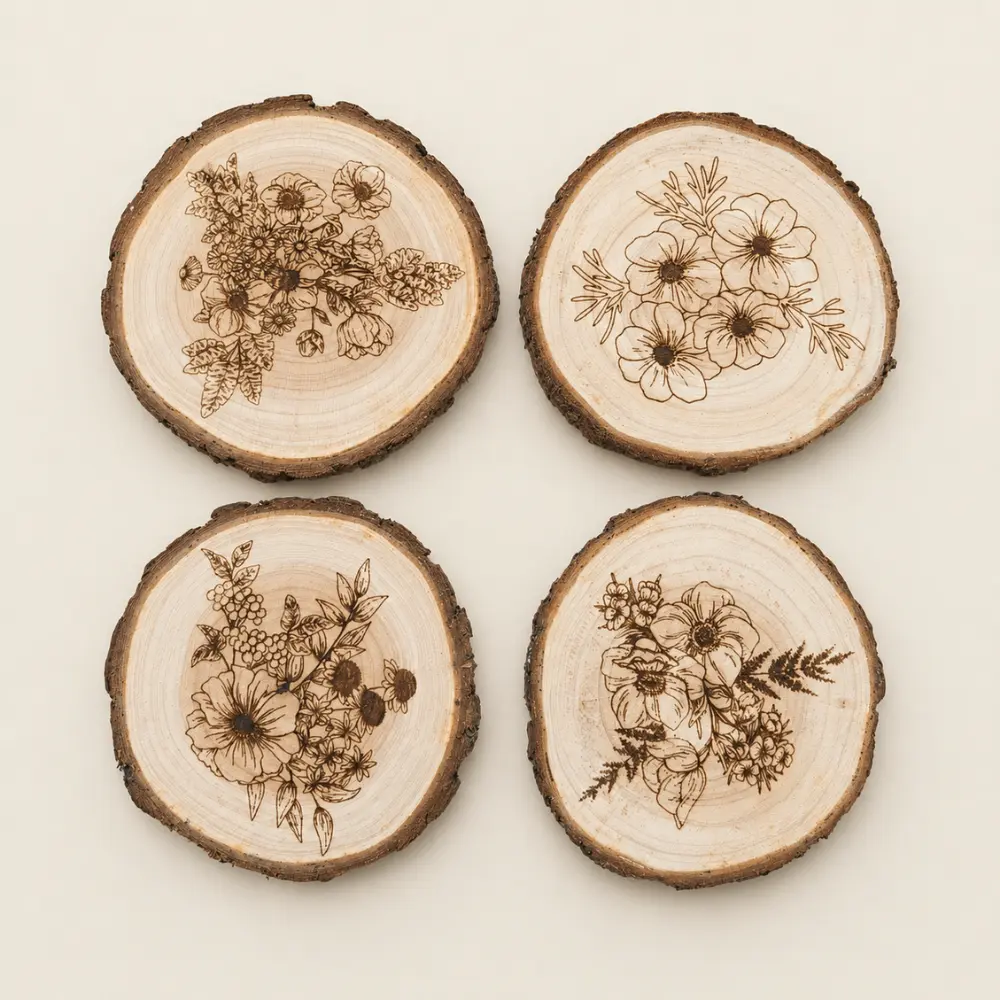 Set of four laser engraved wildflower log coasters with different floral designs