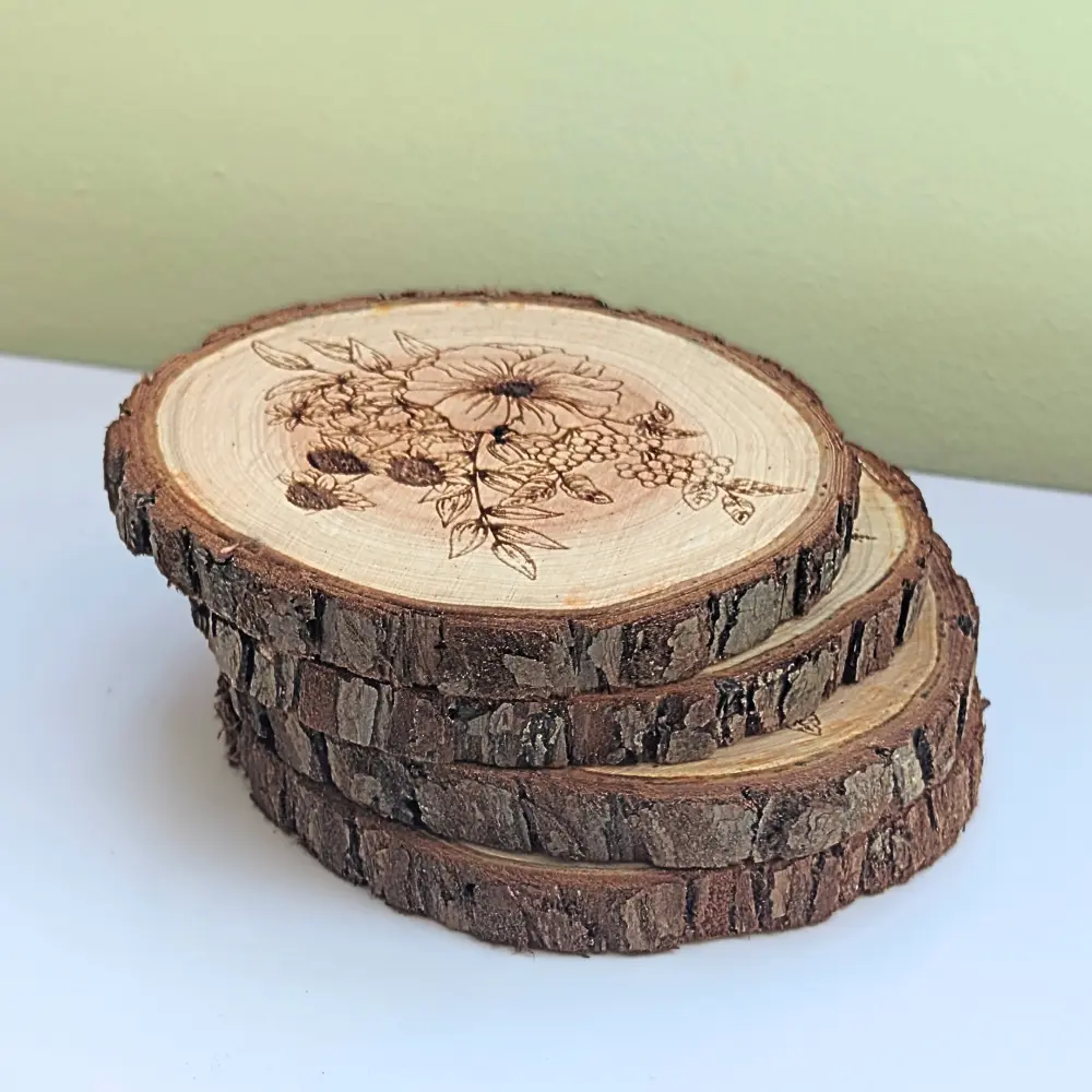Wildflower Engraved Log Coaster – Set of 4