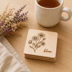 Wildflower engraved square coaster with mug of tea on light oak table