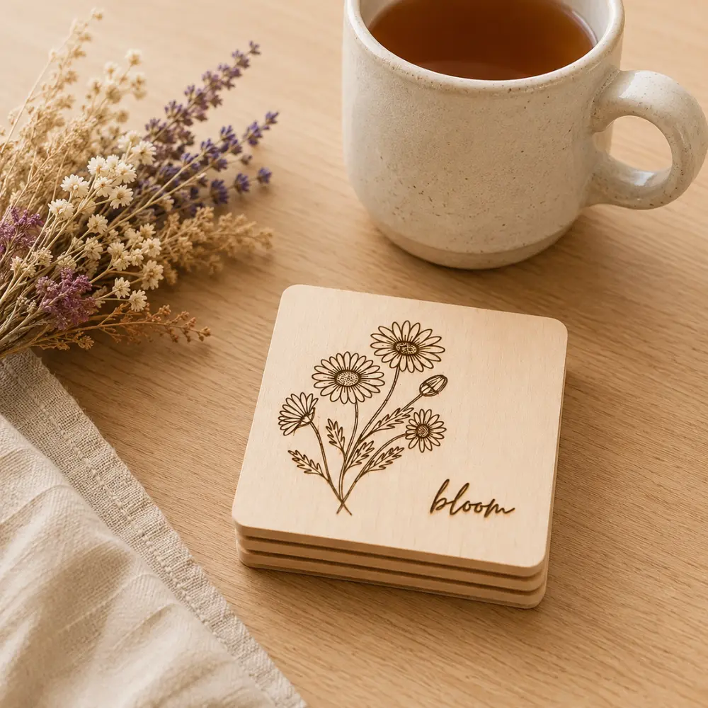 Wildflower engraved square coaster with mug of tea on light oak table
