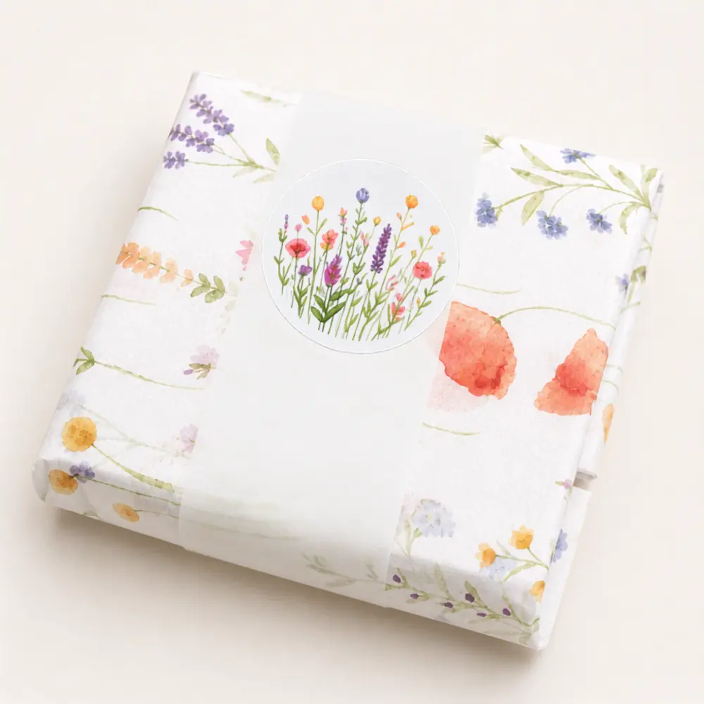 Gift wrapped wildflower engraved square coaster set in floral tissue paper